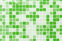 Green Verdant Ceramic Tile Mosaic Abstract Pattern Square Design Bath or Pool Texture Background, Soft Focus.