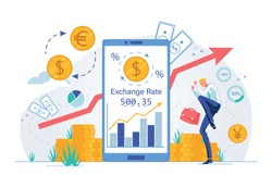 Online Currency Exchange or Stock Investments Technology. Businessman Cartoon Character Joyful with Exchange Rate Growth and Successful Funding or Money Placements. Flat Vector illustration.