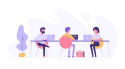 Coworking space with creative people sitting at the table. Business team working together at the big desk using laptops. Flat design style vector illustration.
