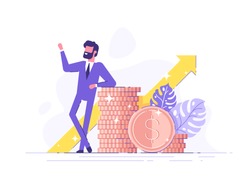 Financial consultant leaning on a stack of coins smiles friendly and waves with hand. Successful investor or entrepreneur. Financial consulting, investment and savings. Modern vector illustration.