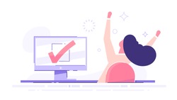 Happy woman completed task and triumphing with raised hands on the her workplace.  Successful well done work. Completed task. modern vector illustration.