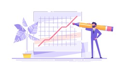 Handsome businessman stands near huge graphic of growth conpany's indicators with big marker on his shoulder. Business analysis and planning, increase profits, business growth. Vector illustration.