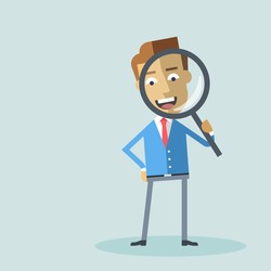 Attractive businessman in formal suit looking through a magnifying glass. Business concept for recruiting and researches. Cartoon character - manager with loupe. Vector flat design illustration.