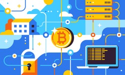 Blockchain and bitcoin mining technologies concept. New financial technology. Trendy flat vector illustration for banner, flyer, social media or print.