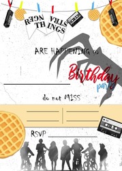 Stranger things-themed birthday invitation blank easy to print and complete by hand or digital. This is the backside to write details. Available a front side to associate with.