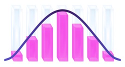 Vector graphical statistical illustration of a normal distribution or Gaussian distribution diagram isolated on white. Columns with pink or purple liquid and violet curve characterizing the histogram.