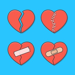 Set Of Broken Heart With Wound, Patches, Stitches And Bandages Vector Icon Illustration. Red Love Heart Flat Icon