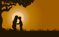 Mother kiss the forehead of child image illustration on sunset background. Love symbol of family on nature silhouette. Eps 10