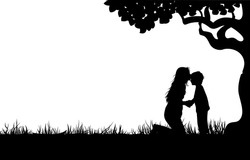 Mother kiss the forehead of child on grass and tree background silhouette. Black color. Eps 10