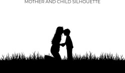 Mother kiss the forehead of the child silhouette. Love symbol of family on black color. Eps 10. Holiday background element.