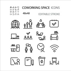 Coworking space , work , development  line icon set vector illustration. Editable stroke. 