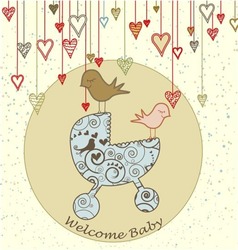 A cute card with birds holding a stroller and hanging hearts.