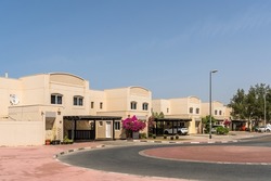 Private residential sector with villas and cottages in Dubai . Arabic architecture . Architecture of Dubai . 