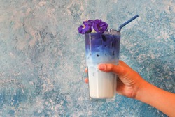 Iced butterfly pea latte ,refreshing drink