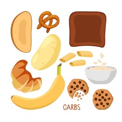 Food macronutrients. Rich in carbs food set. High carbs food isolated on white. Carbohydrate diet Potatoe, bread, pastries, banana, cookies, oatmeal, pasta. Nutrient complex diet vector infographic.
