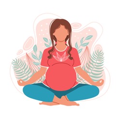 Young pregnant woman meditating and sitting in lotus on the natural background.  Pregnancy health concept. Illustration for yoga, meditation, relax and healthy lifestyle. Vector flat illustration 