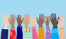 Diverse young people hands, male,  female, multicultural group, multi ethnic team, cultural diversity concept. Men, women raise arms, celebration, friendship, vote. Flat vector isolated on background.