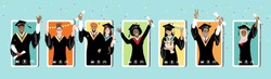 Online graduation ceremony, happy smiling graduate students with diploma, graduate hat stand at phone screens. Diverse young people remote virtual celebration meeting during quarantine vector banner