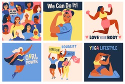 International Women's Day. We Can Do It poster. Strong girl. Symbol of female power, woman rights, protest, feminism. Vector colorful banners woman in retro style.