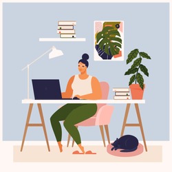 Woman working at her desk at home. She has a lot of work. Woman working with laptop at her work desk and testing ui and ux. Vector illustration of student studying at home.