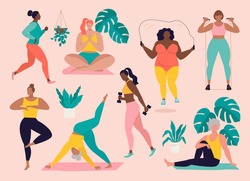 Women different sizes, ages and races activities. Set of women doing sports, yoga, jogging, jumping, stretching, fitness. Sport women vector flat illustration isolated on pink background.