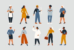 Collection of women people workers of various different occupations or professions wearing a professional uniform set vector illustration.