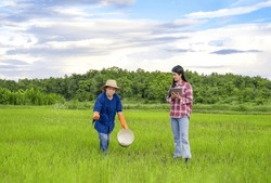 asian farmer is sowing fertilizer on rice field with young asian smart farmer holding digital tablet observing in paddy field,rice research,rice development to increase agricultural productivity