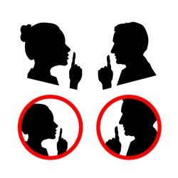 Set of face profiles with hands, shhh icon isolated on white, please keep quiet sign