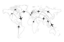 Airline routes on map black and white infographic