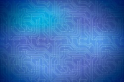 Complicated computer microchip on blue, abstract motherboard horizontal background
