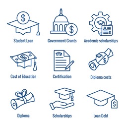 Student Loans Icon Set with Academic Scholarships and Debt Imagery