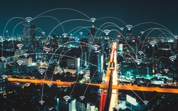 Wifi icon and city scape and network connection concept, Smart city and wireless communication network, abstract image visual, internet of things