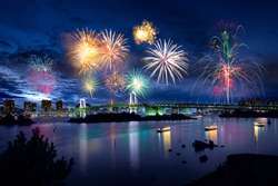 Tokyo bay city view and tokyo rainbow bridge with beautiful fireworks