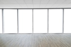 Interior space with wooden floor of modern empty office for material background isolated with clipping path