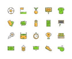 Minimalistic soccer line icon set. Stadium, ball, field, cup, yellow card, player, t-shirt icon. Vector illustration