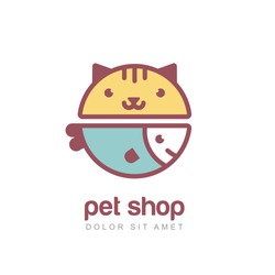 Flat style vector colorful illustration of funny muzzle of cat and smiling fish. Logo icon design template. Abstract concept for pet shop or veterinary. 