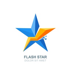 Abstract vector logo, emblem with blue crashed star and lightning. Flat style isolated icon. Creative design elements. Concept for business leadership, creativity, energy theme.