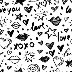 Vector doodle romantic seamless pattern. Black and white watercolor, ink, marker hearts, love, lips, kisses. Trendy design concept for fashion textile print, wrapping and valentines day backgrounds.