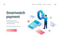 Smartwatch payment. Landing page template. Man paying wireless for purchases using smart watches. Contactless payment. Digital transactions. Web banner template
