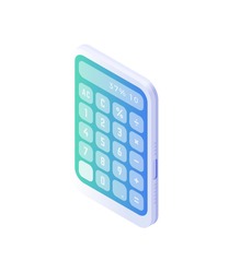 Electronic calculator isometric vector. Computing device with white body and blue panel for financial departments. Modern equipment for mathematical calculations. Assistant school and university.
