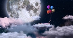 A woman holding on to colored balloons, flying in the sky lying on a cloud. On the sfin a giant moon. Concept of: dreams, freedom.