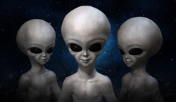 Three grey aliens on the background of cosmic sky. 3D illustration.