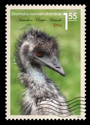 A fake postage stamp shows image of Emu, Fake series Australian Unique Animals.