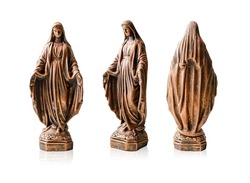 Mother of God, Virgin Mary statue, Sculpture of the Virgin, Mother of God with open arms, Statues of Holy Women in the Roman Catholic Church, isolated on white background, religion, pray.
