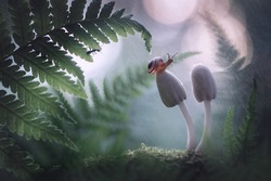 Fantasy beautiful magical fairy meadow with mushrooms and snail, in a magical fairytale enchanted forest, on a mysterious natural background,an elegant artistic exquisite image of the beauty of nature