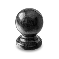 Black granite ball. Decorative stone ball isolated on white background. Granite balls are a bright decorative addition to tombstone memorial structures. Granite accessories for memorial complexes.