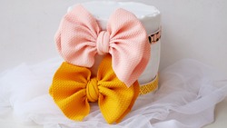 DIY craft handmade classic bow hair with pastel color hair accessories. This closeup design collection is a modern headpiece for woman accessories.
