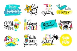 Colorful cute hand drawn summer cards, background. Vector illustrations for t-shirt, poster prints. Holiday, travel, vacation theme.