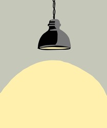 Vector illustration of black lamp shines with yellow light. Lamp with light is hanging on the cables. Lamp hangs on the ceiling and reflects a yellow shadow. 