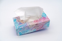 Full box of tissues. Nice colorful box with soft napkins for running nose. Best tool kit for allergy and flue. White background high resolution image 